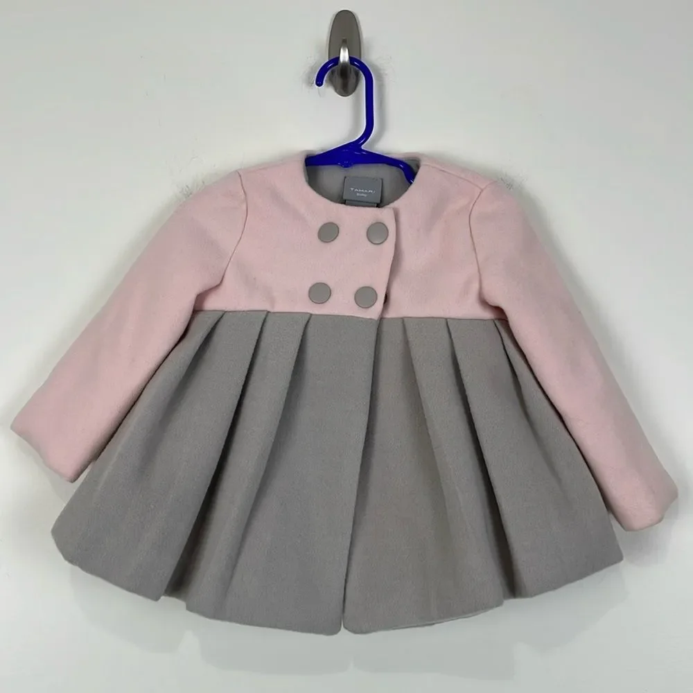 Tahari Baby Dress Coat 12 Months Gray Pink Button Front Pleated